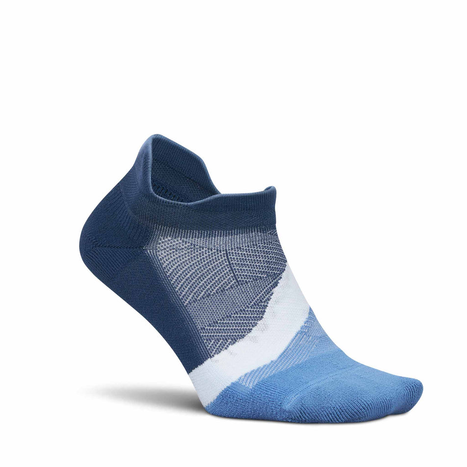 Lateral view of the right sock from a pair of Feetures Unisex Elite Light Cushion No Show Tab in the Blue Wave colourway.