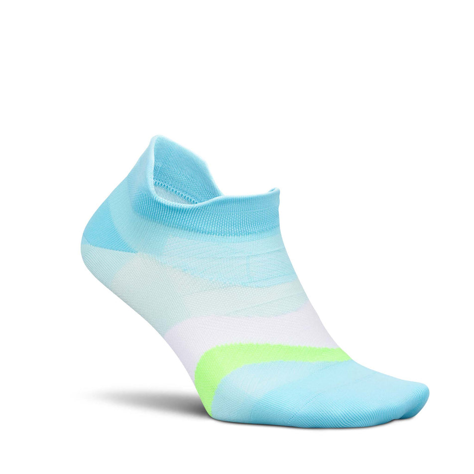 Lateral view of the right sock from a pair of Feetures Unisex Elite Ultra Light No Show Tab in the Cool Plunge colourway.