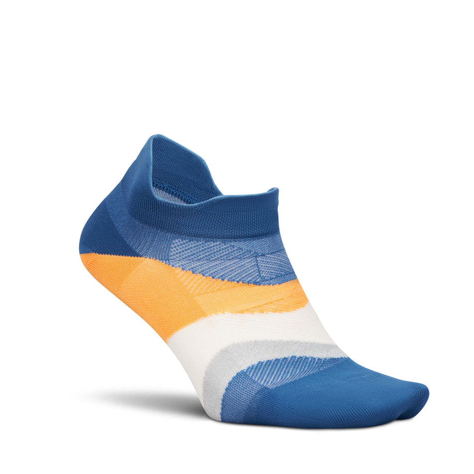 Lateral view of the right sock from a pair of Feetures Unisex Elite Ultra Light No Show Tab in the Rally Blue colourway.