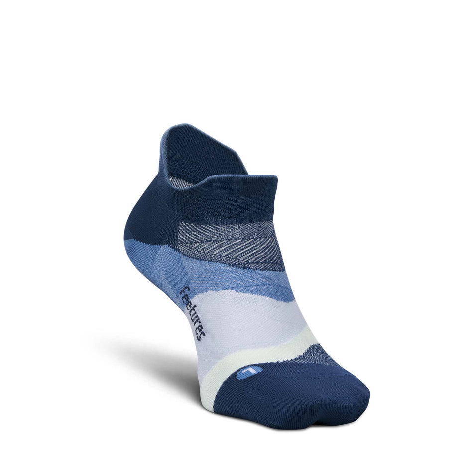 Medial view of the left sock from a pair of Feetures Unisex Elite Ultra Light No Show Tab in the Blue Wave colourway.