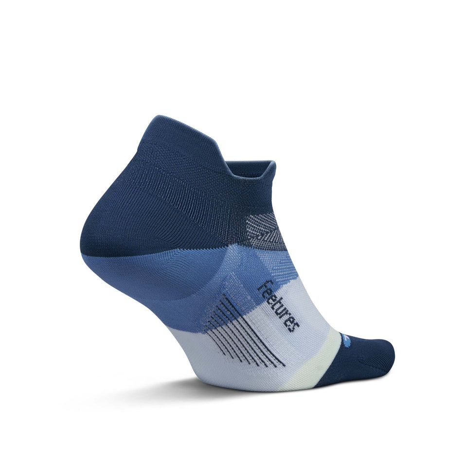 Medial view of the left sock from a pair of Feetures Unisex Elite Ultra Light No Show Tab in the Blue Wave colourway.