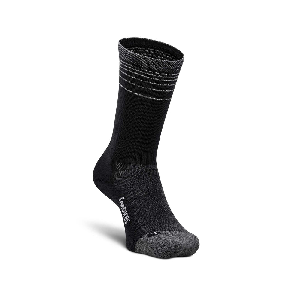 The left sock from a pair of Feetures Unisex Elite Light Cushion Mini Crew in the Black Flash colourway.