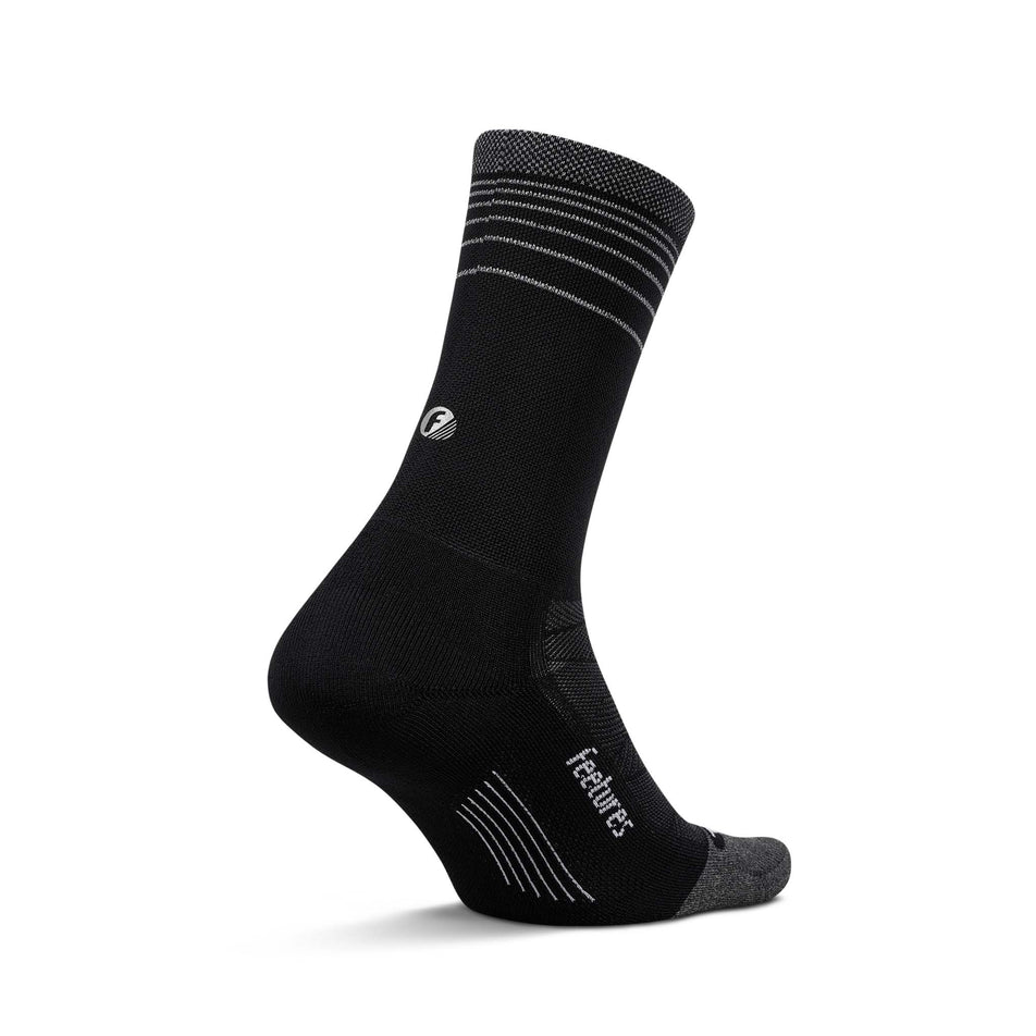Medial view of the left sock from a pair of Feetures Unisex Elite Light Cushion Mini Crew in the Black Flash colourway.