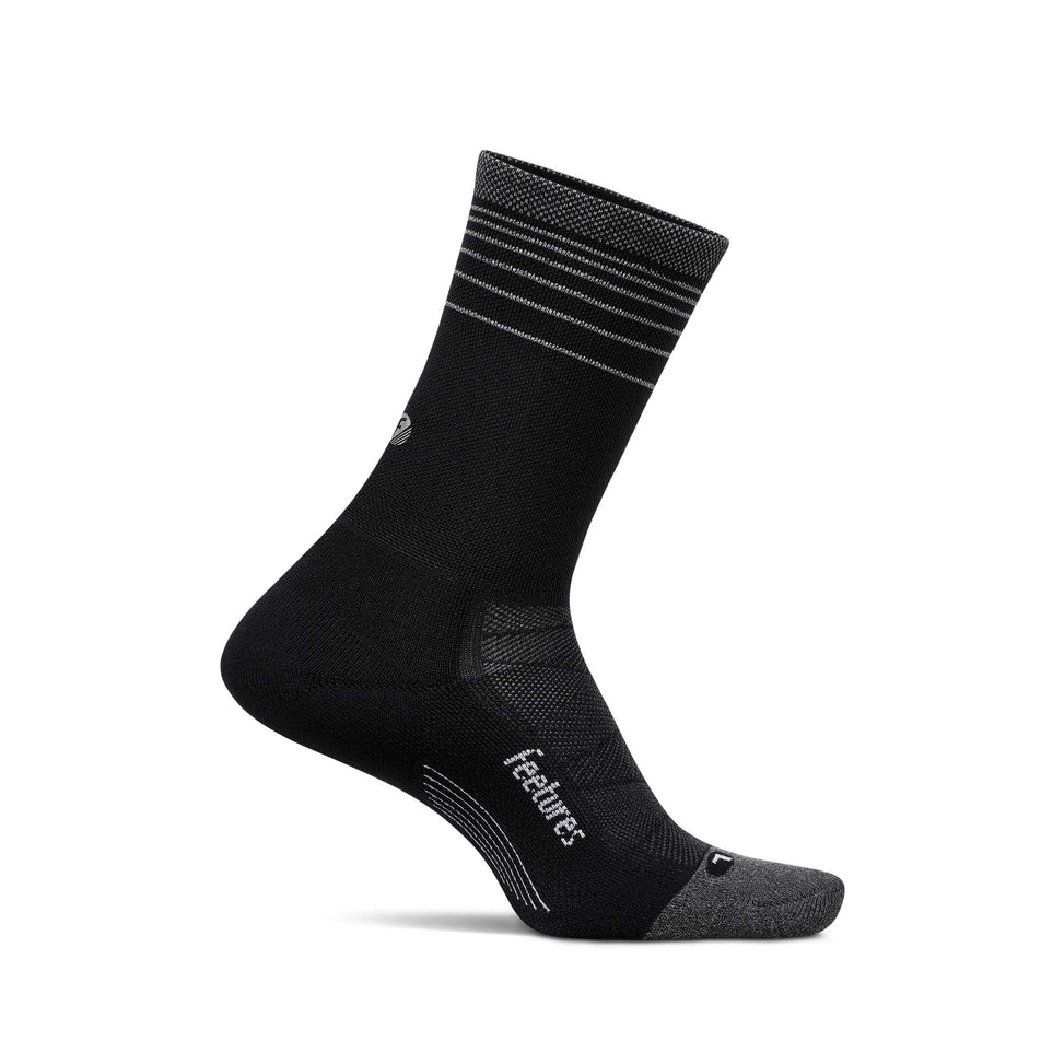 Medial view of the left sock from a pair of Feetures Unisex Elite Light Cushion Mini Crew in the Black Flash colourway.