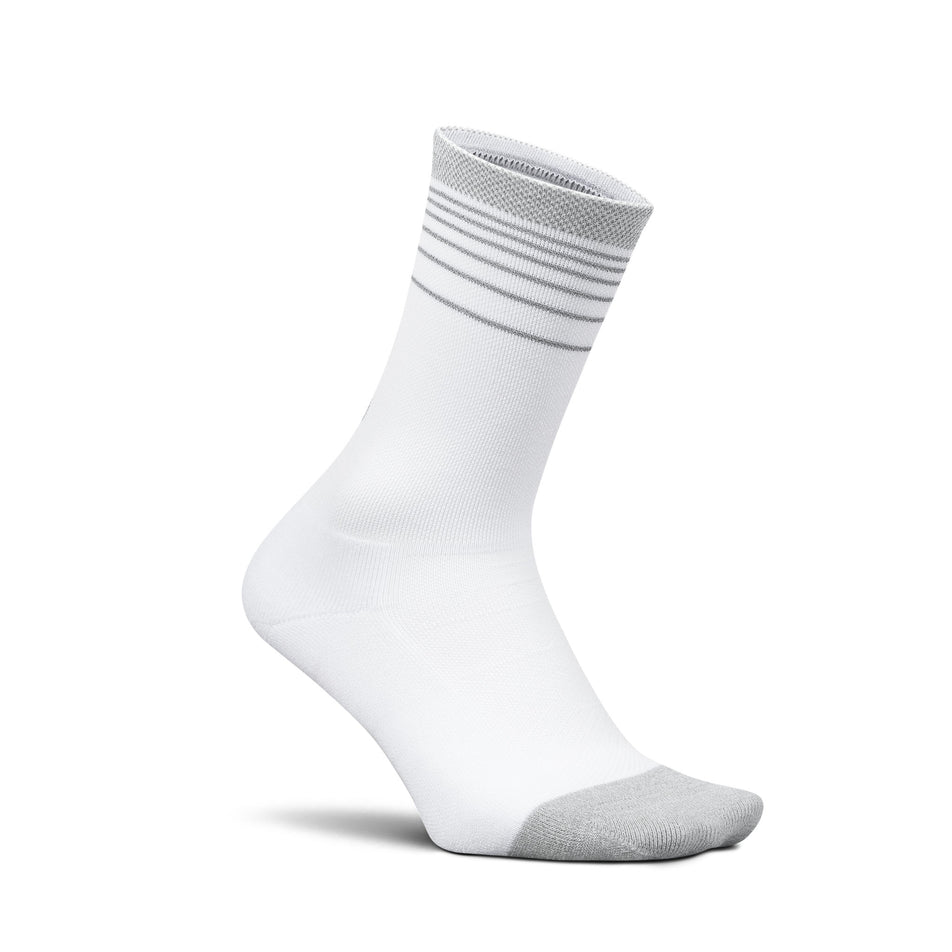 Lateral view of the right sock from a pair of Feetures Unisex Elite Light Cushion Mini Crew in the White Flash colourway.