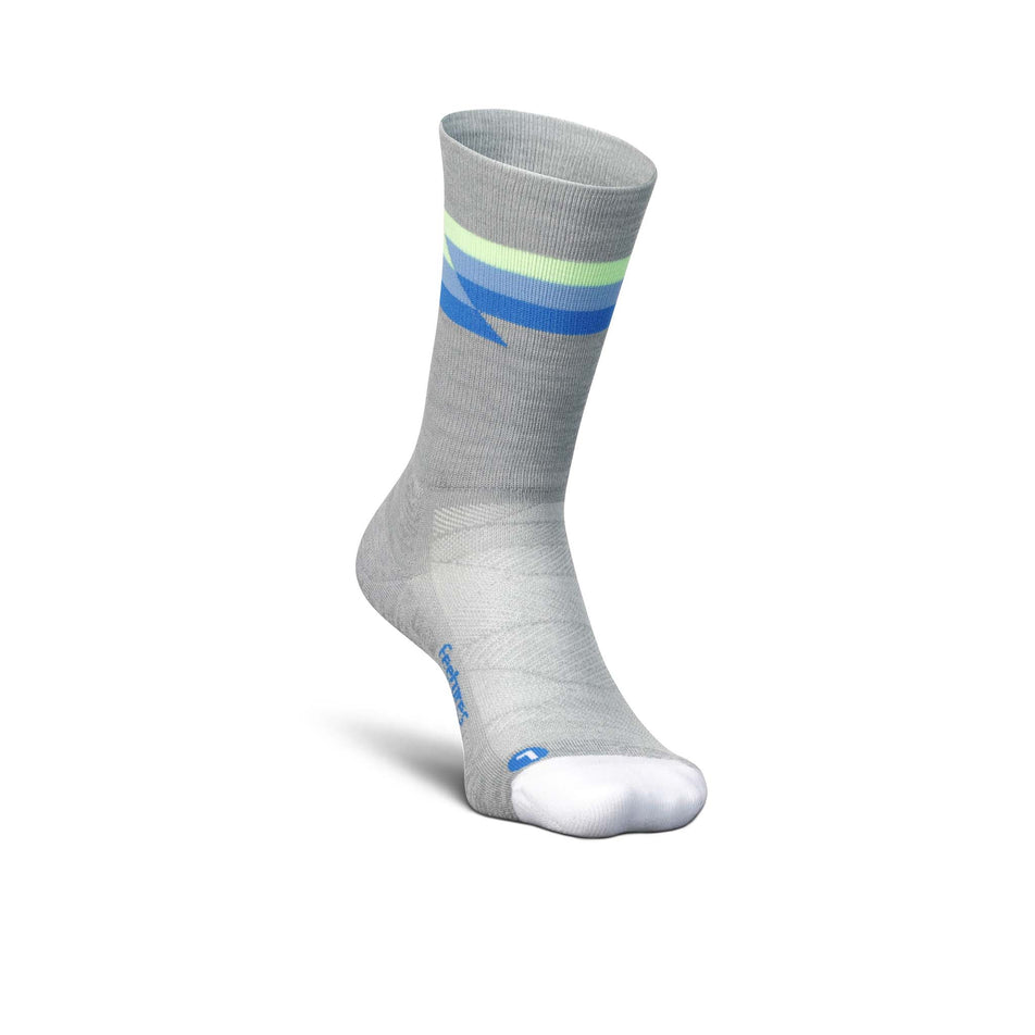 Medial-front side of the left sock from a pair of Feetures Unisex Elite Light Cushion Mini Crew running socks in the Synthwave gray colourway (8149400223906)