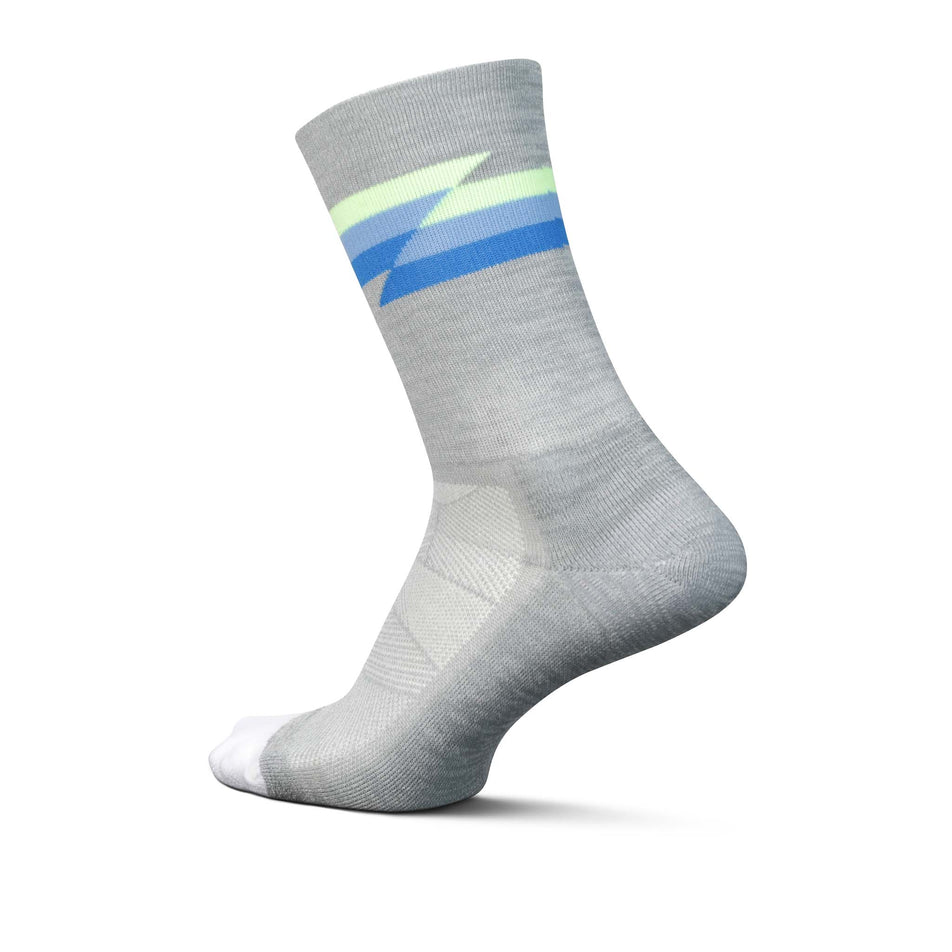Lateral side of the left sock from a pair of Feetures Unisex Elite Light Cushion Mini Crew running socks in the Synthwave gray colourway (8149400223906)