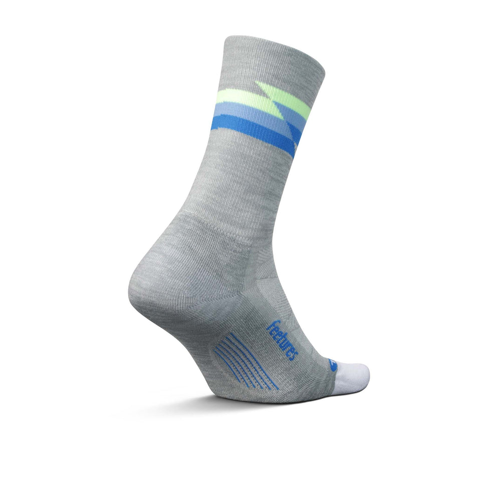 Medial side of the left sock from a pair of Feetures Unisex Elite Light Cushion Mini Crew running socks in the Synthwave gray colourway (8149400223906)