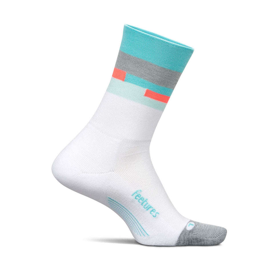 Medial side of the left sock from a pair of Feetures Unisex Elite Light Cushion Mini Crew in the Aquatic White colourway. (8583383646370)