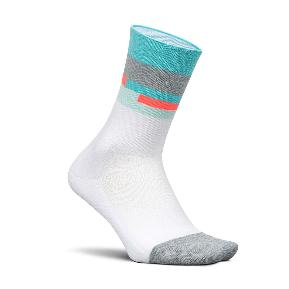 Lateral side of the left sock from a pair of Feetures Unisex Elite Light Cushion Mini Crew in the Aquatic White colourway. (8583383646370)