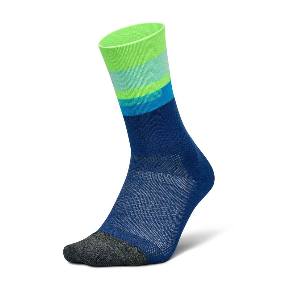 Lateral side of the left sock from a pair of Feetures Unisex Elite Light Cushion Mini Crew in the Surfboard Blue colourway. (8583393771682)