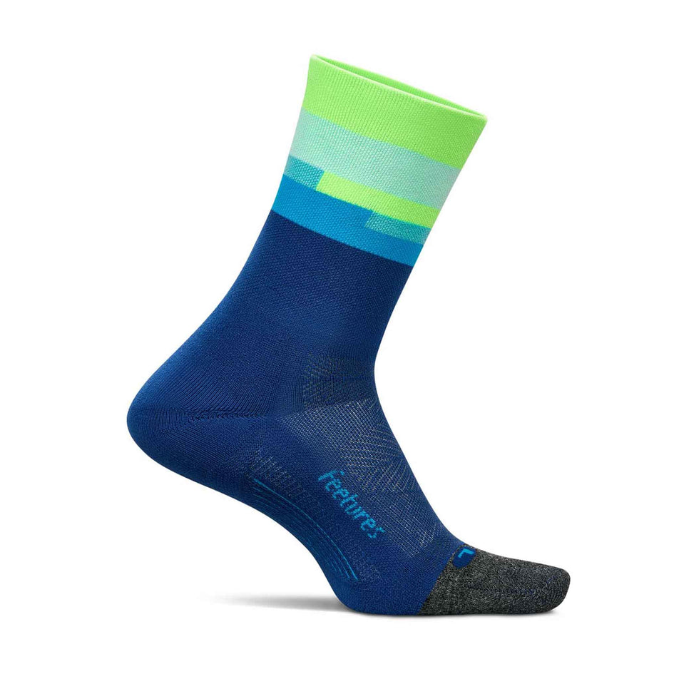 Medial side of the left sock from a pair of Feetures Unisex Elite Light Cushion Mini Crew in the Surfboard Blue colourway. (8583393771682)