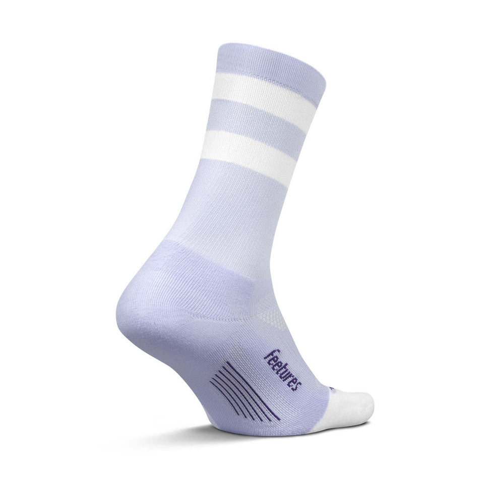 Medial side of the left sock from a pair of Feetures Unisex Elite Light Cushion Mini Crew in the Lilac High Top Stripe colourway. (8583366213794)