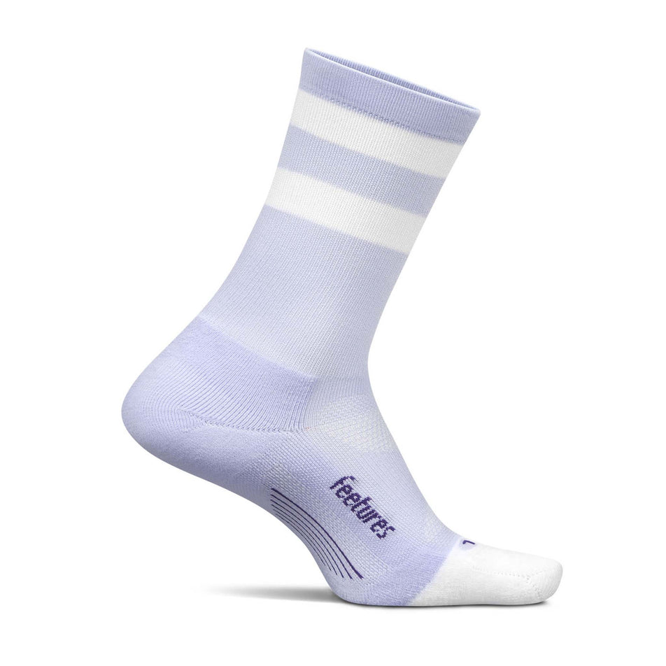Medial side of the left sock from a pair of Feetures Unisex Elite Light Cushion Mini Crew in the Lilac High Top Stripe colourway. (8583366213794)