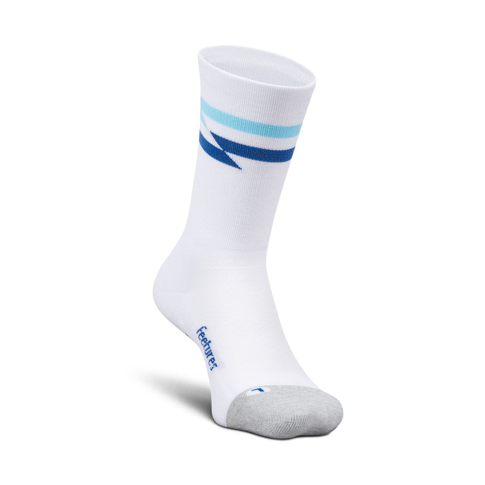 The left sock from a pair of Feetures Unisex Elite Light Cushion Mini Crew in the White Track colourway.