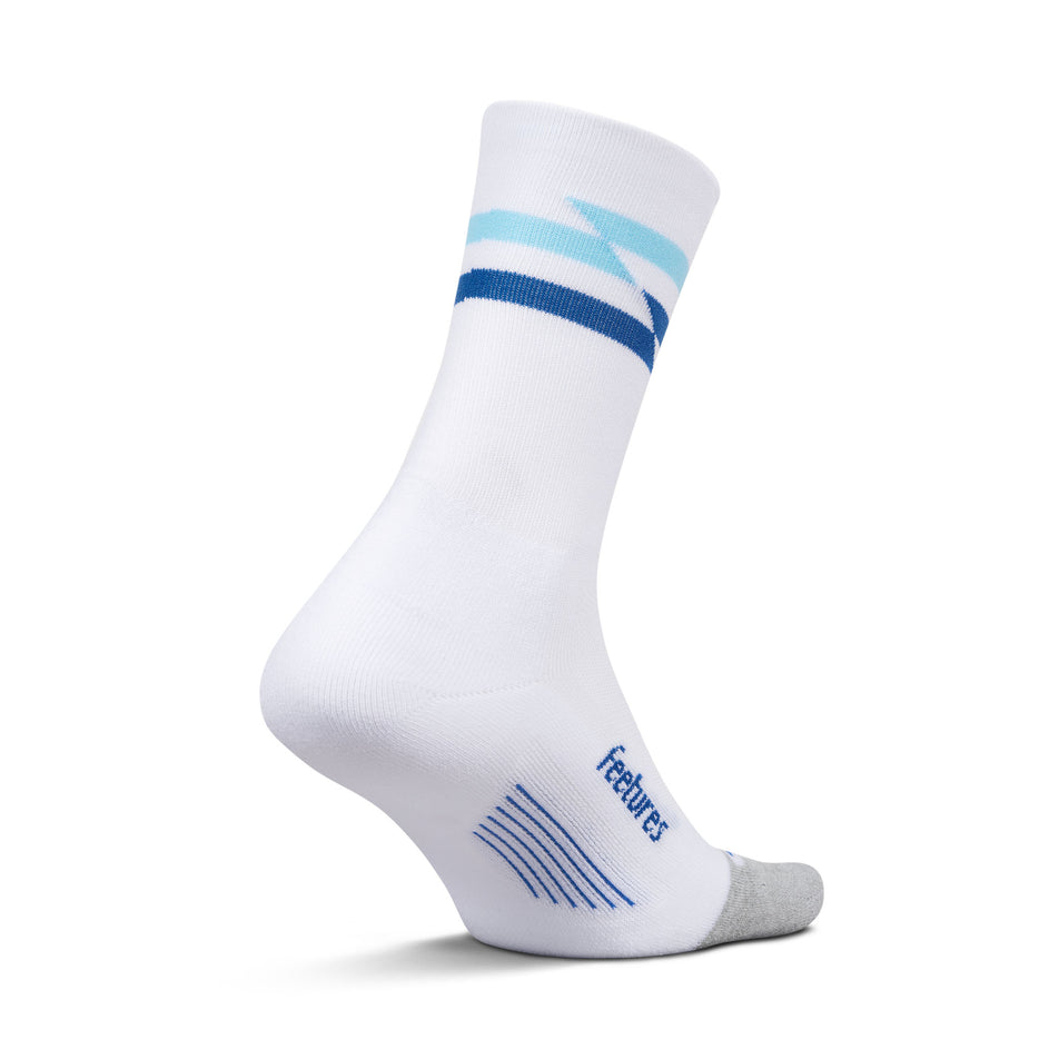 Medial view of the left sock from a pair of Feetures Unisex Elite Light Cushion Mini Crew in the White Track colourway.