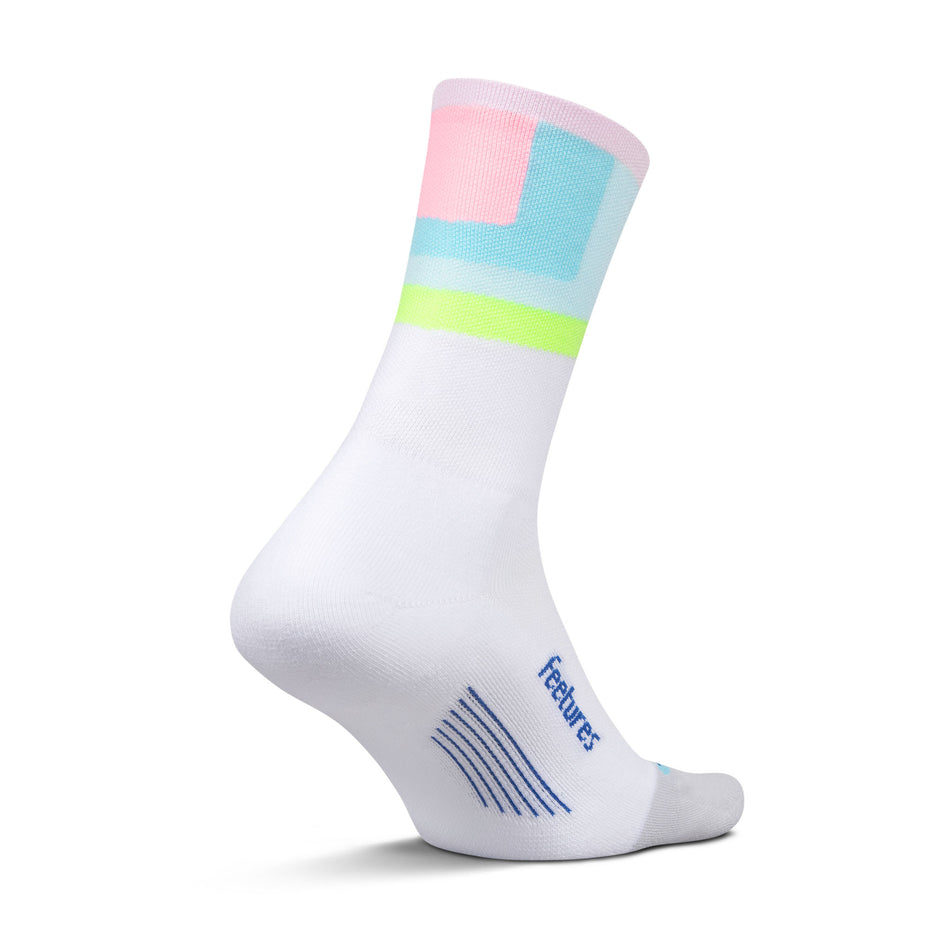 Medial view of the left sock from a pair of Feetures Unisex Elite Light Cushion Mini Crew in the Candy Court colourway.