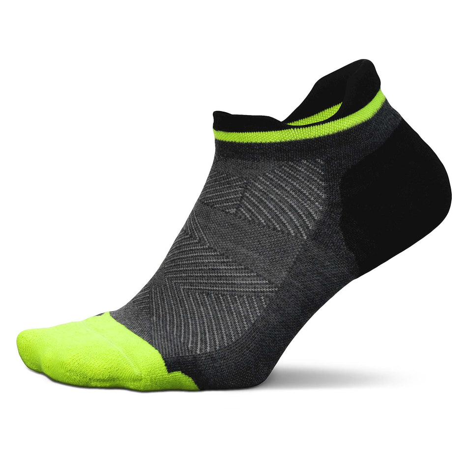 Lateral side of the left sock from a pair of Feetures Unisex Elite Max Cushion No Show Tab running socks in the Midnight Neon colourway (8149386100898)