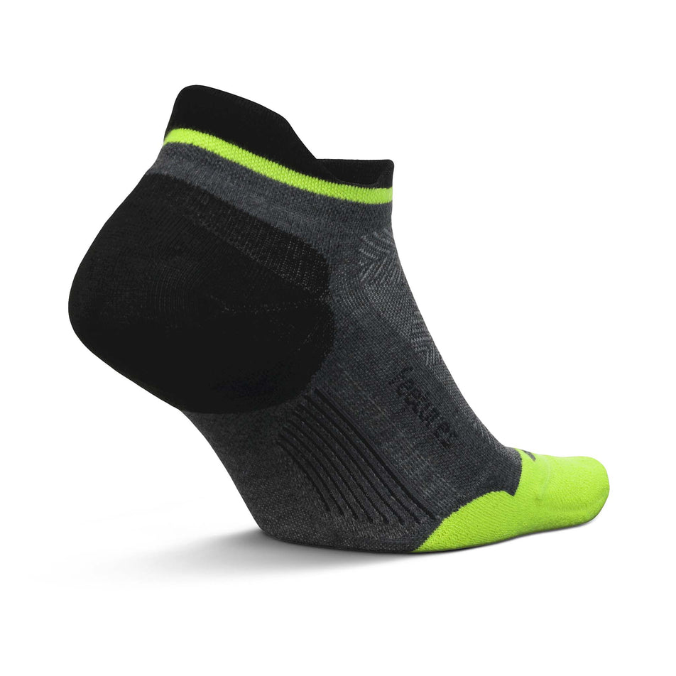 Medial side of the left sock from a pair of Feetures Unisex Elite Max Cushion No Show Tab running socks in the Midnight Neon colourway (8149386100898)