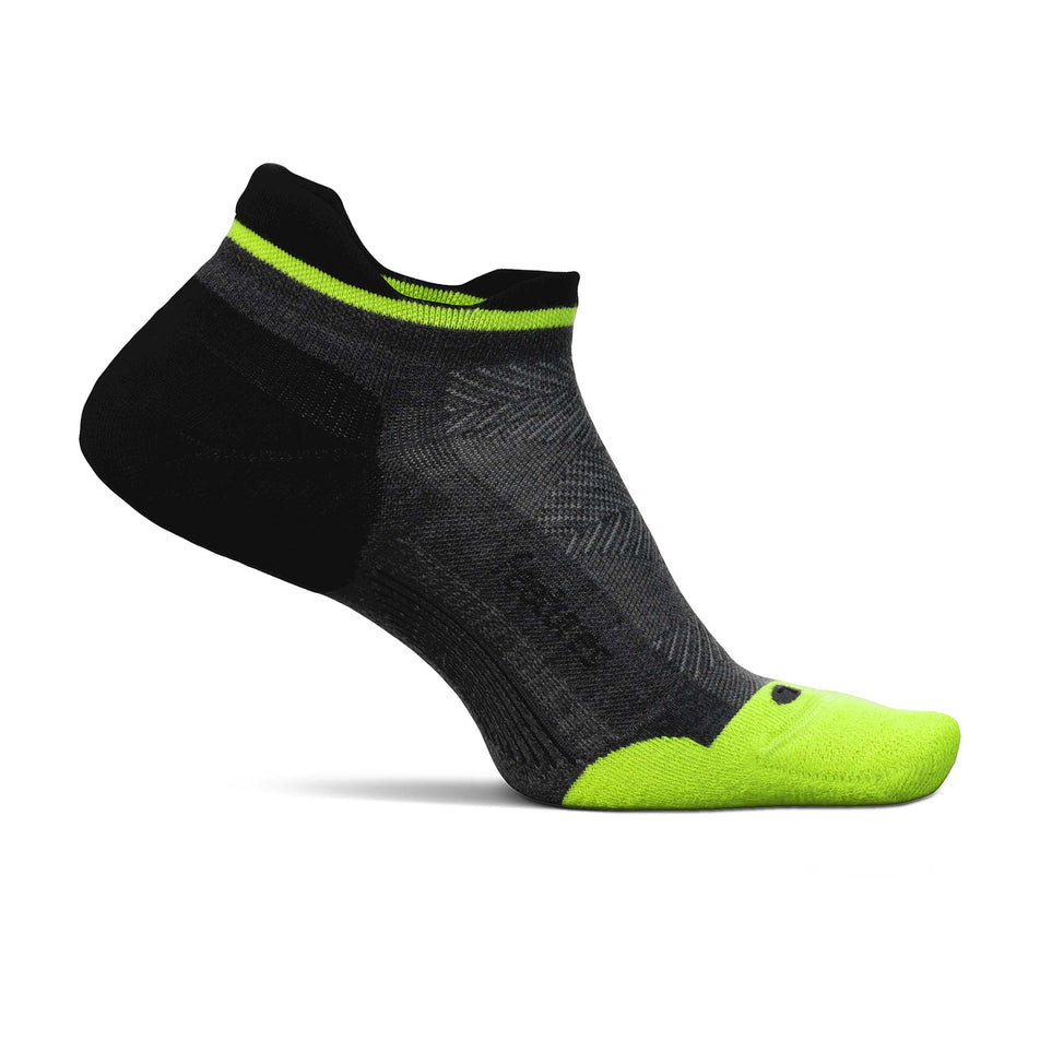 Medial side of the left sock from a pair of Feetures Unisex Elite Max Cushion No Show Tab running socks in the Midnight Neon colourway (8149386100898)