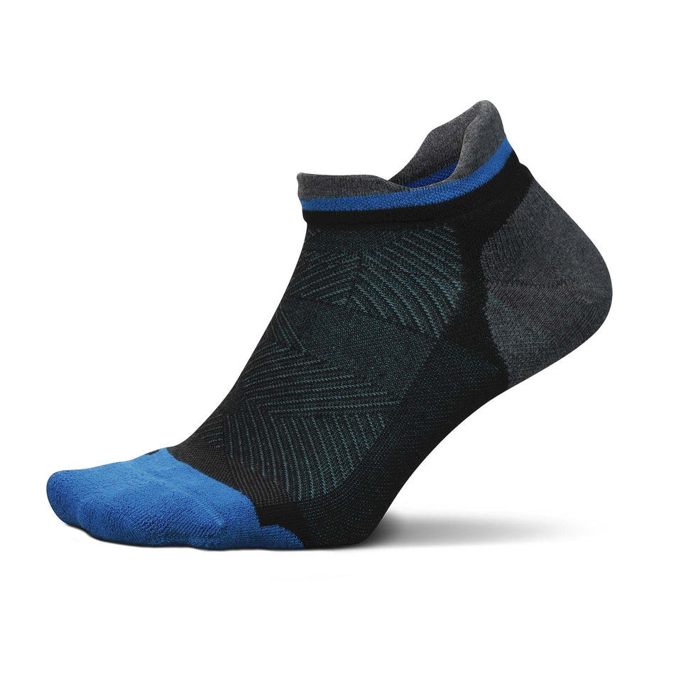 Lateral side of the left sock from a pair of Feetures Unisex Elite Max Cushion No Show Tab running socks in the Tech Blue colourway (8149390098594)