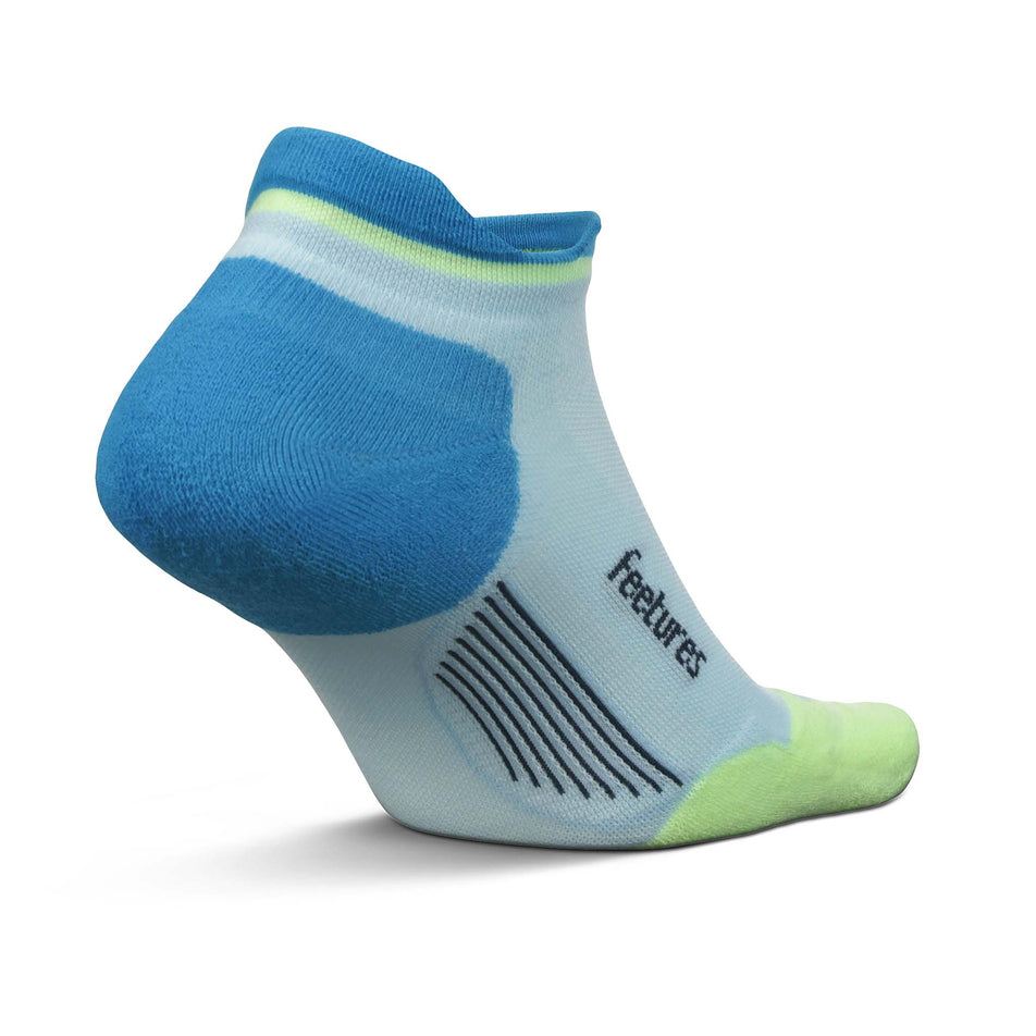 Medial side of the left sock from a pair of Feetures Unisex Elite Max Cushion No Show Tab running socks in the Blue Crystal colourway (8149392949410)