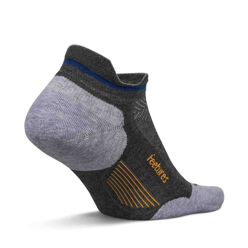 Medial side of the left sock from a pair of Feetures Unisex Elite Max Cushion No Show Tab in the Iron Seal colourway. (8583362609314)