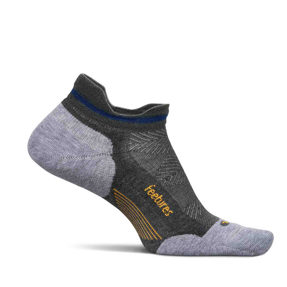 Medial side of the left sock from a pair of Feetures Unisex Elite Max Cushion No Show Tab in the Iron Seal colourway. (8583362609314)