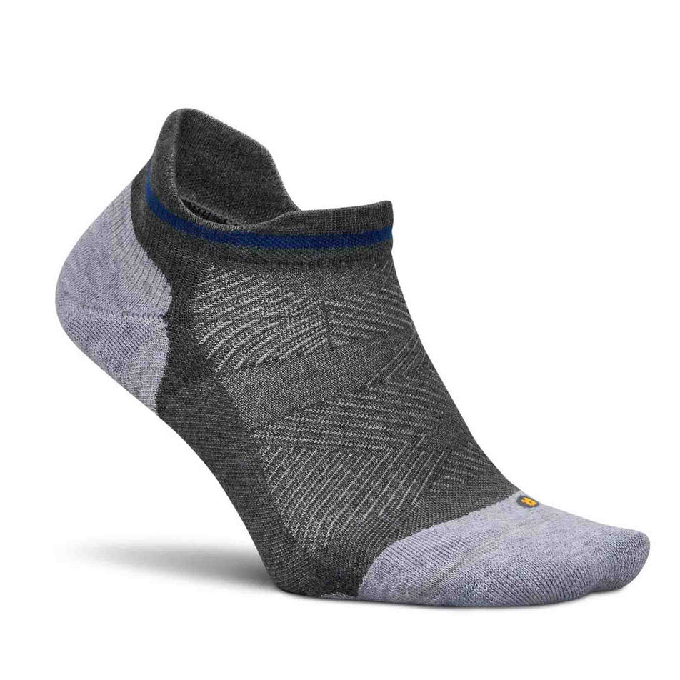 Lateral side of the right sock from a pair of Feetures Unisex Elite Max Cushion No Show Tab in the Iron Seal colourway. (8583362609314)