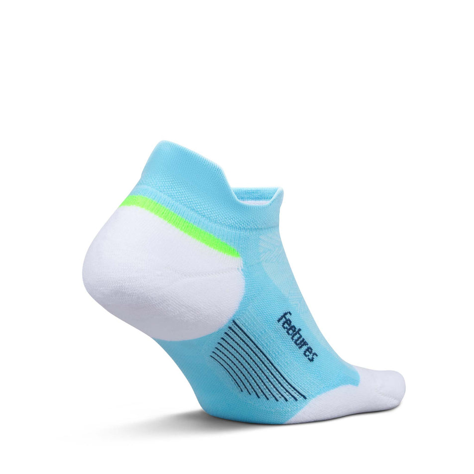 Medial view of the left sock from a pair of Feetures Unisex Elite Max Cushion No Show Tab in the Cool Plunge colourway.