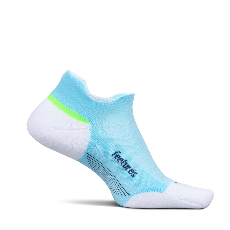 Medial view of the left sock from a pair of Feetures Unisex Elite Max Cushion No Show Tab in the Cool Plunge colourway.