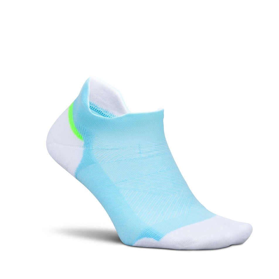 Lateral view of the right sock from a pair of Feetures Unisex Elite Max Cushion No Show Tab in the Cool Plunge colourway.