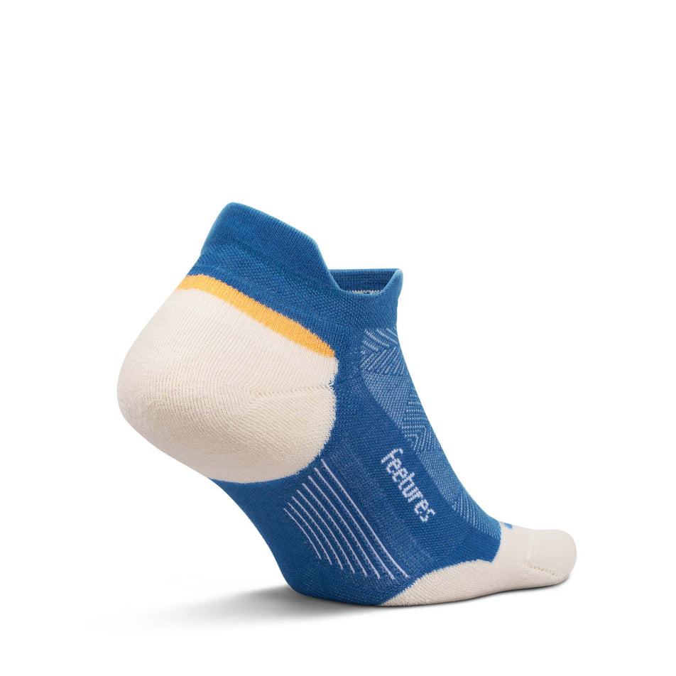 Medial view of the left sock from a pair of Feetures Unisex Elite Max Cushion No Show Tab in the Rally Blue colourway.