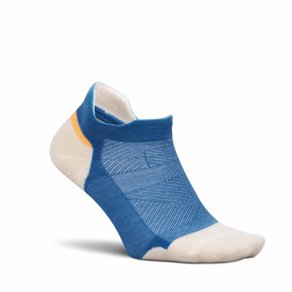 Lateral view of the right sock from a pair of Feetures Unisex Elite Max Cushion No Show Tab in the Rally Blue colourway.