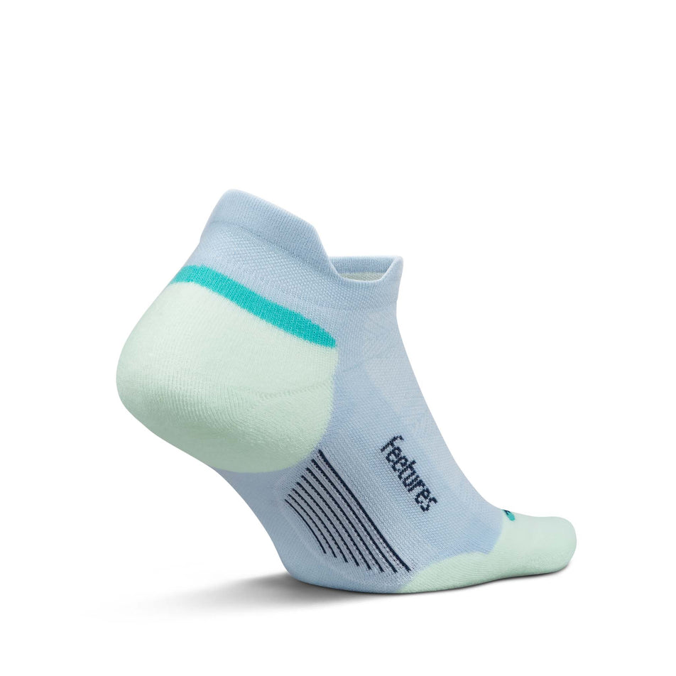 Medial view of the left sock from a pair of Feetures Unisex Elite Max Cushion No Show Tab in the Glacier Mist colourway.