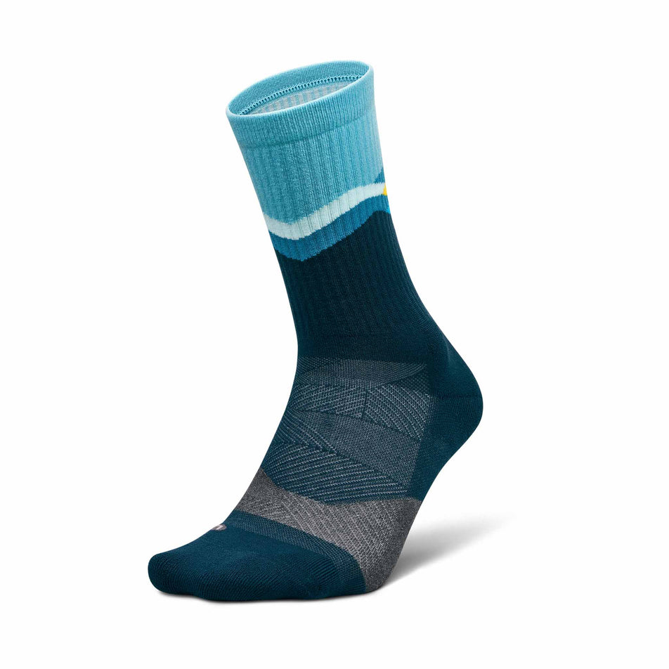 Lateral view of the left sock from a pair of Feetures Unisex Trail Max Cushion Mini Crew in the Mountain High Blue colourway. (8739949281442)
