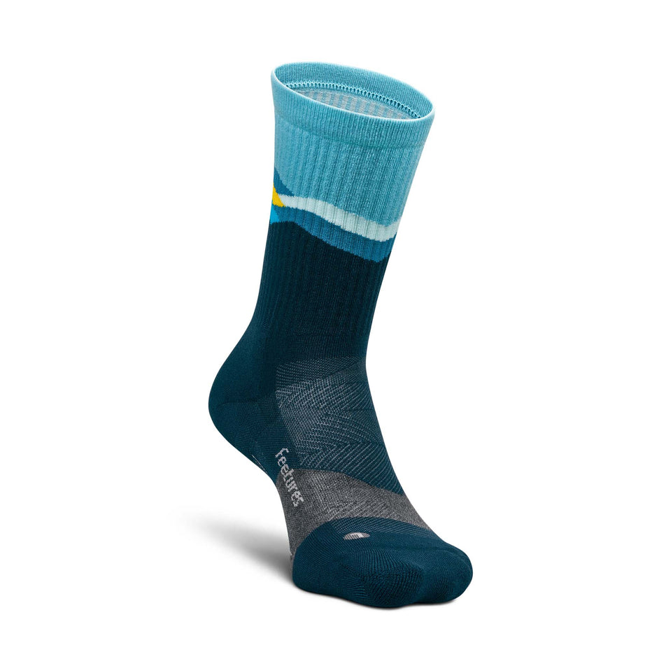 The left sock from a pair of Feetures Unisex Trail Max Cushion Mini Crew in the Mountain High Blue colourway. (8739949281442)