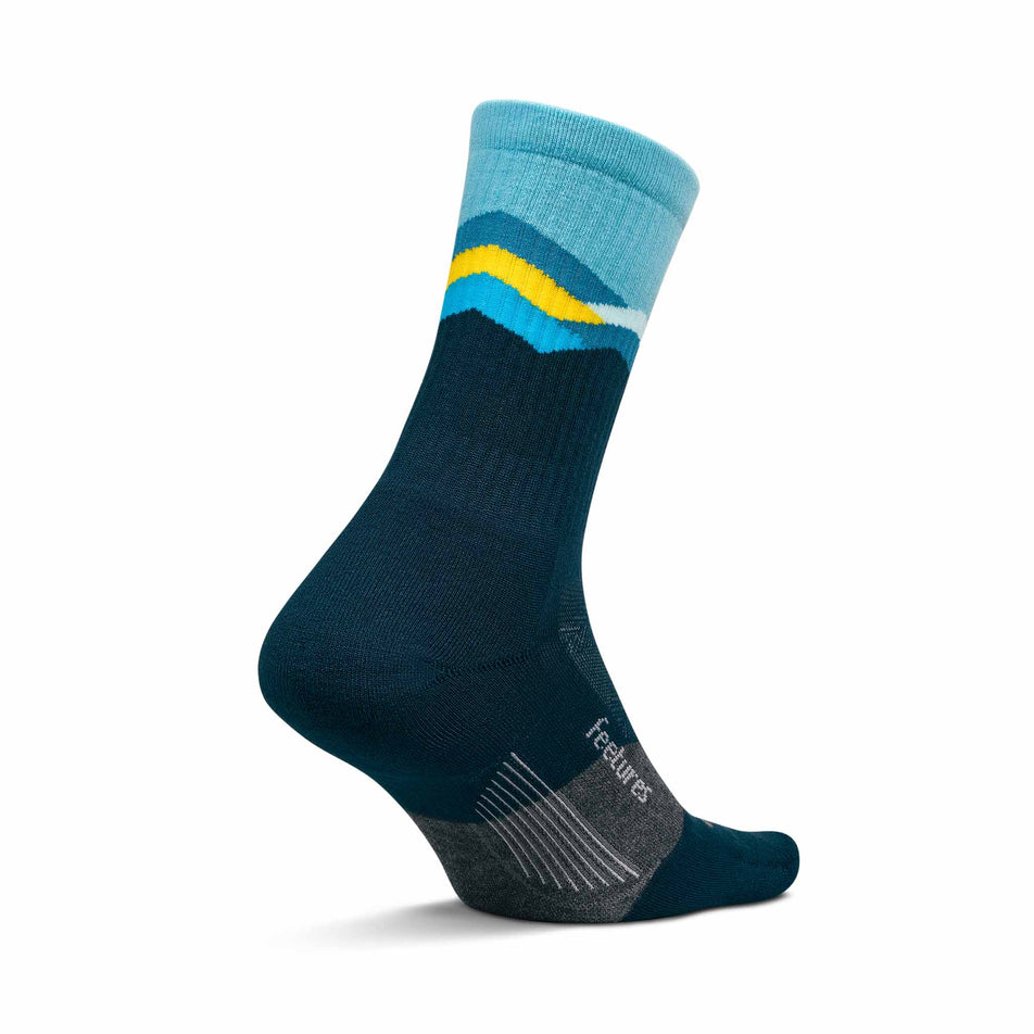 Medial view of the left sock from a pair of Feetures Unisex Trail Max Cushion Mini Crew in the Mountain High Blue colourway. (8739949281442)
