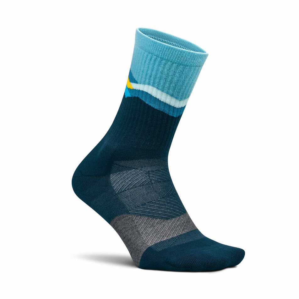 Lateral view of the right sock from a pair of Feetures Unisex Trail Max Cushion Mini Crew in the Mountain High Blue colourway. (8739949281442)