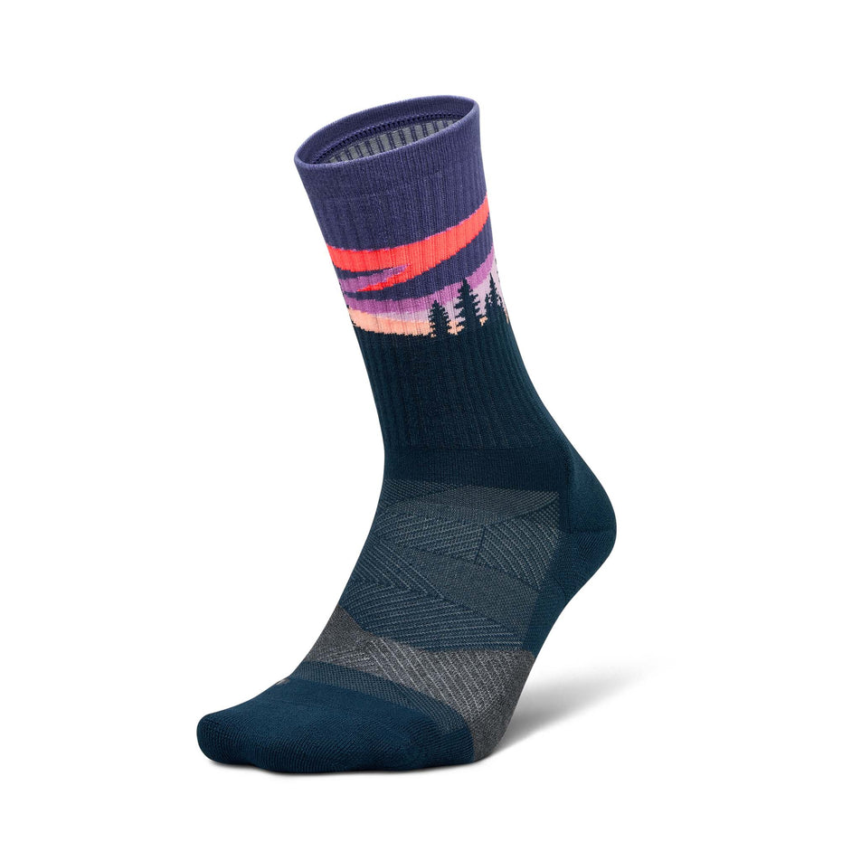 Lateral view of the left sock from a pair of Feetures Unisex Trail Max Cushion Mini Crew in the Purple Aurora colourway. (8739975069858)