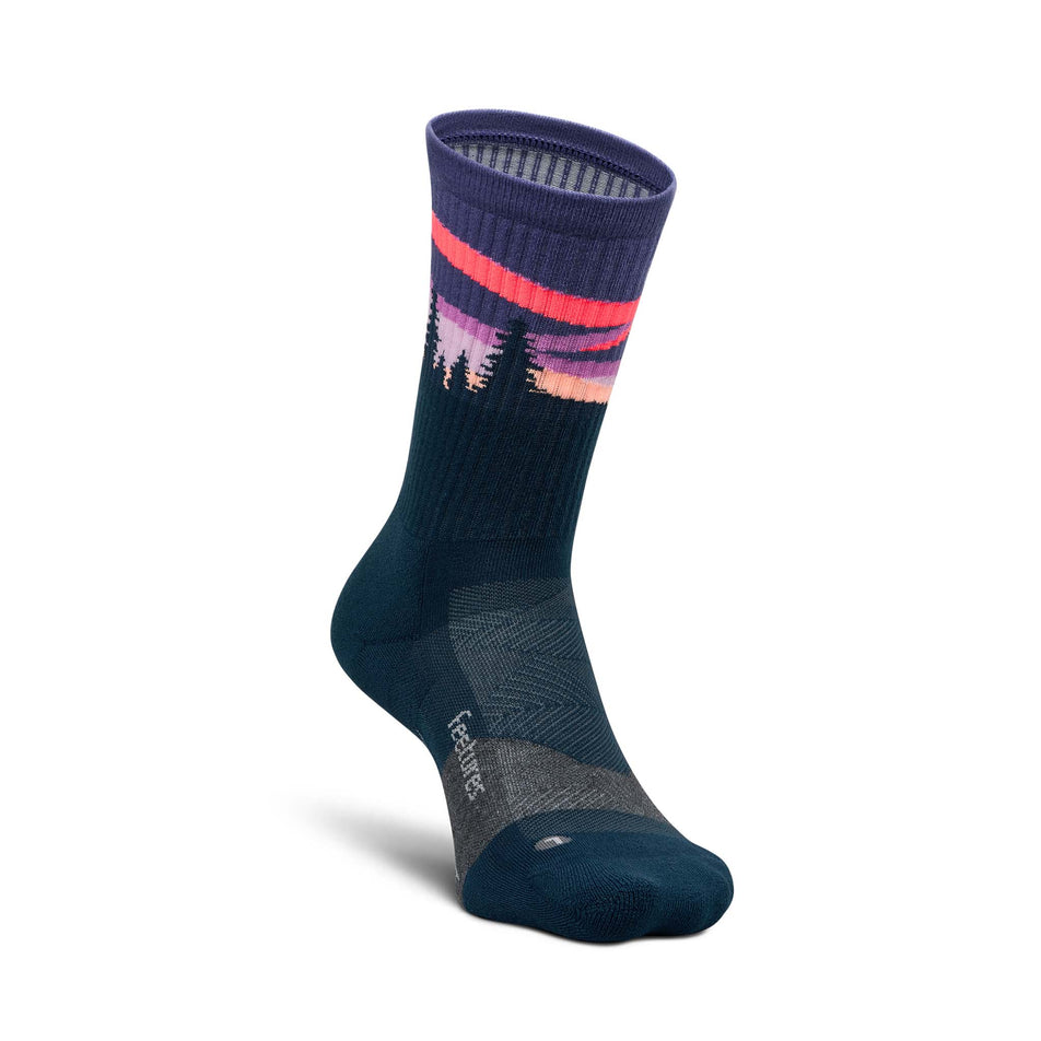 The left sock from a pair of Feetures Unisex Trail Max Cushion Mini Crew in the Purple Aurora colourway. (8739975069858)