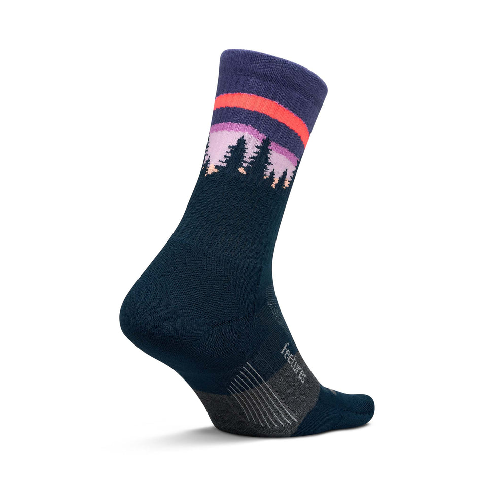Medial view of the left sock from a pair of Feetures Unisex Trail Max Cushion Mini Crew in the Purple Aurora colourway. (8739975069858)