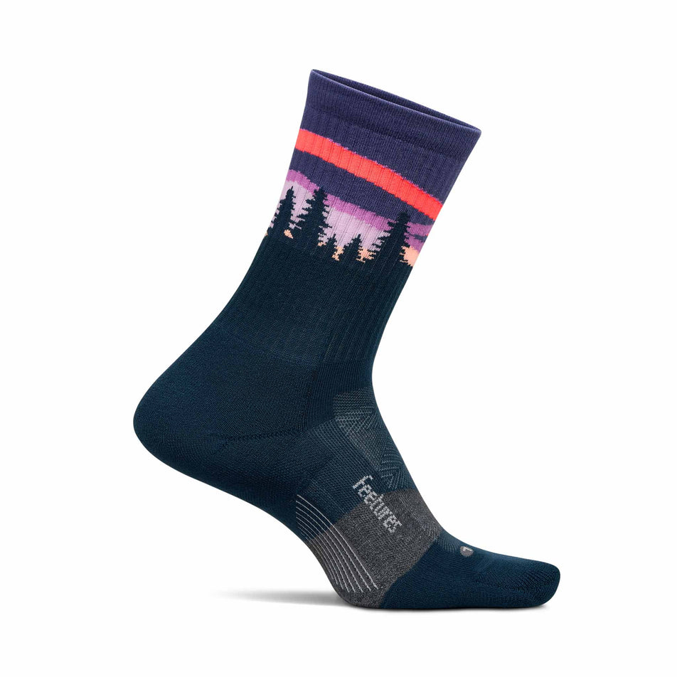 Medial view of the left sock from a pair of Feetures Unisex Trail Max Cushion Mini Crew in the Purple Aurora colourway. (8739975069858)