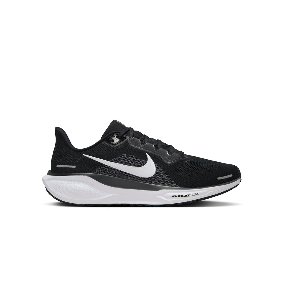 Lateral side of the right shoe from a pair of Nike Men's Pegasus 41 Road Running Shoes in the Black/White-Anthracite colourway. (8503097295010)