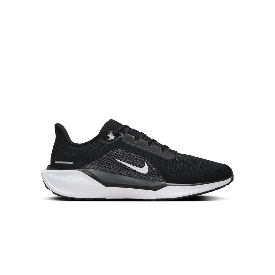Medial side of the left shoe from a pair of Nike Men's Pegasus 41 Road Running Shoes in the Black/White-Anthracite colourway. (8503097295010)