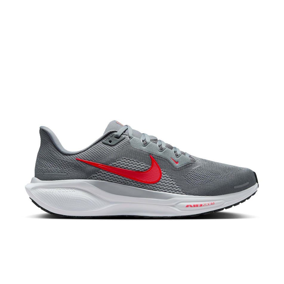 Lateral view of the right shoe from a pair of Nike Men's Pegasus 41 Road Running Shoes in the Cool Grey/Bright Crimson-Wolf Grey colourway. (8684377047202)