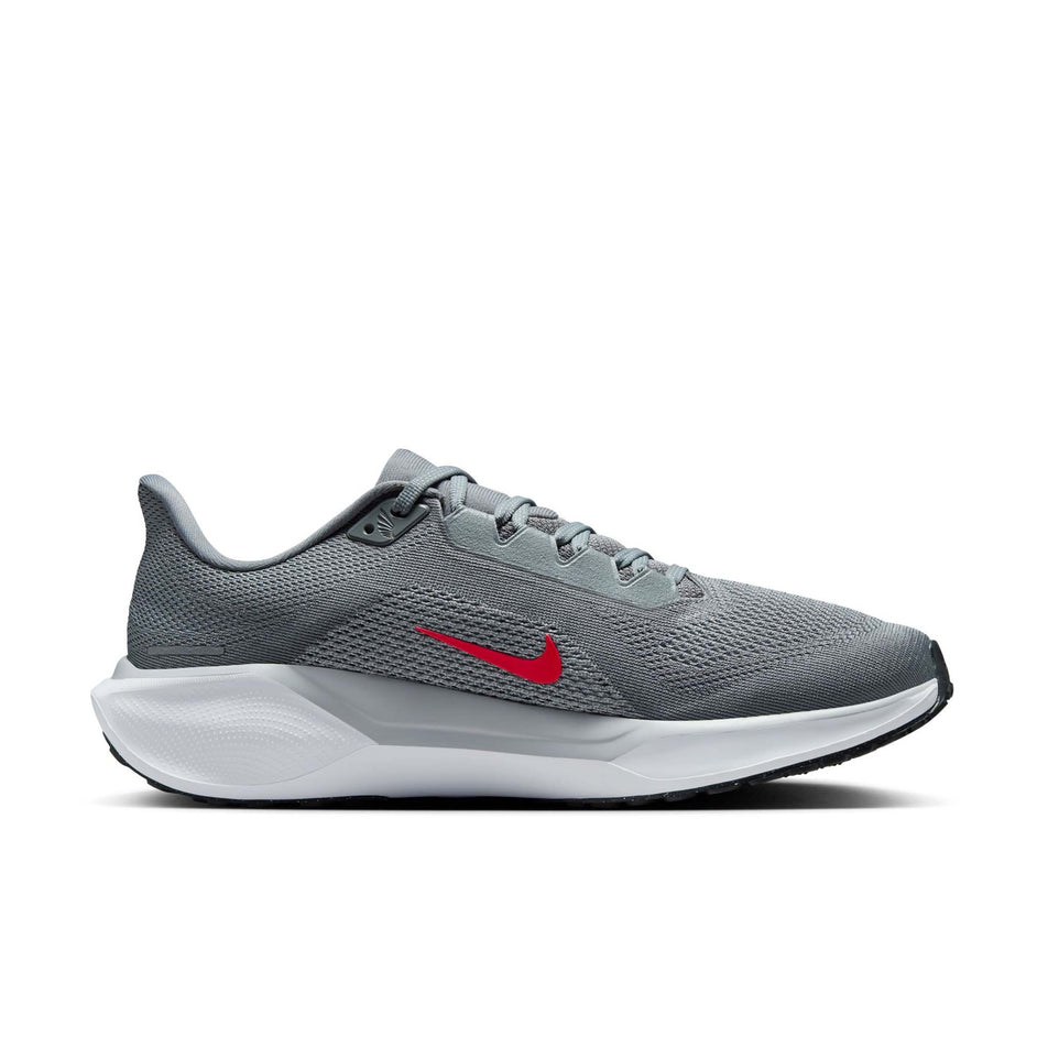 Medial view of the left shoe from a pair of Nike Men's Pegasus 41 Road Running Shoes in the Cool Grey/Bright Crimson-Wolf Grey colourway. (8684377047202)
