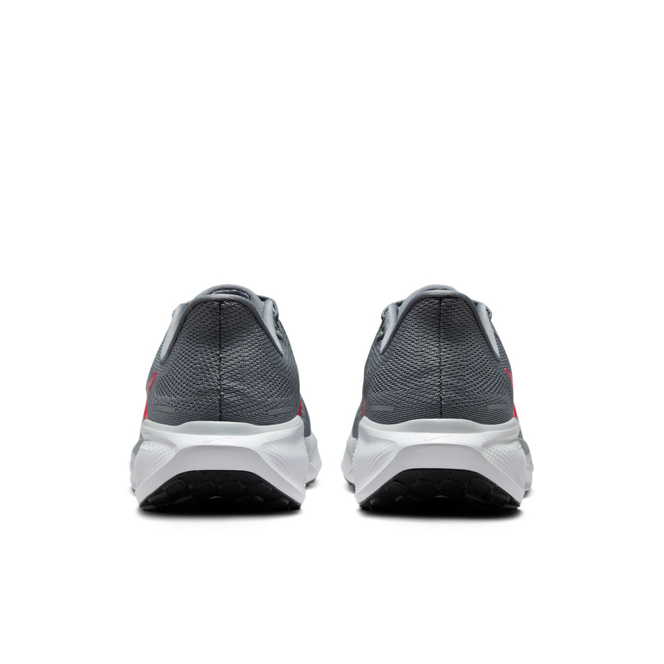 The back of a pair of Nike Men's Pegasus 41 Road Running Shoes in the Cool Grey/Bright Crimson-Wolf Grey colourway. (8684377047202)