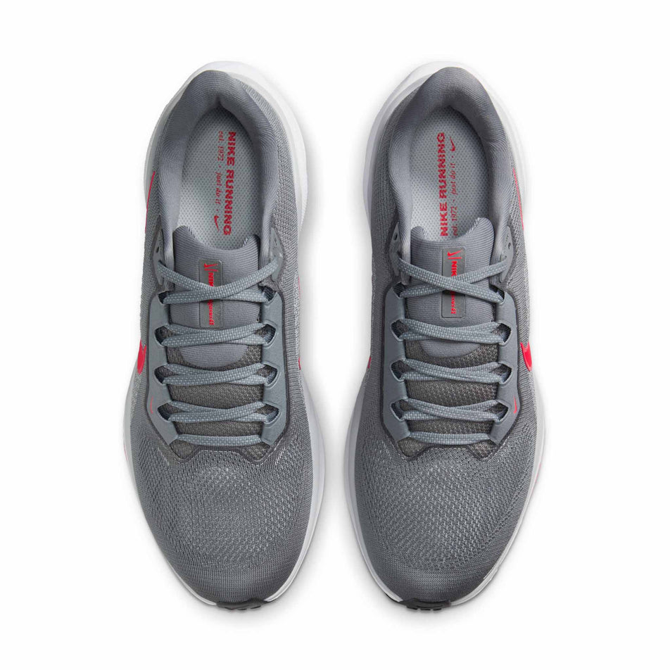 The uppers of a pair of Nike Men's Pegasus 41 Road Running Shoes in the Cool Grey/Bright Crimson-Wolf Grey colourway. (8684377047202)