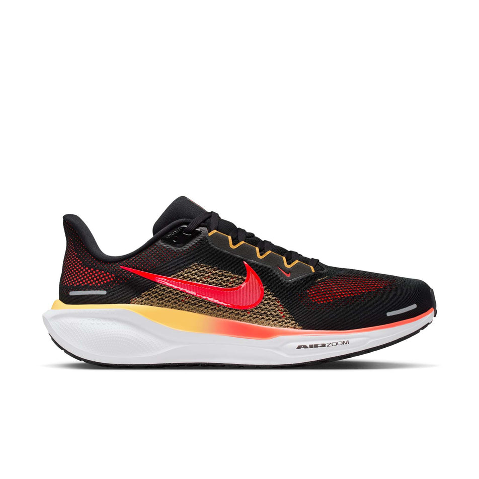 Lateral view of the right shoe from a pair of Nike Men's Pegasus 41 Road Running Shoes in the Black/Bright Crimson-Topaz Gold colourway.